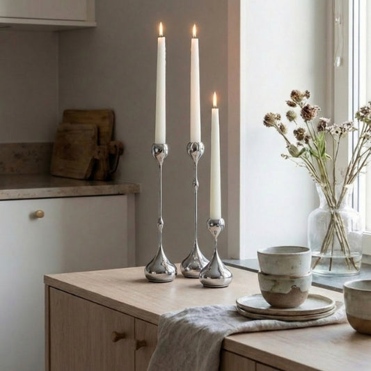 Ljusstake i silver 3 delar – Droppen – 15–35 cm